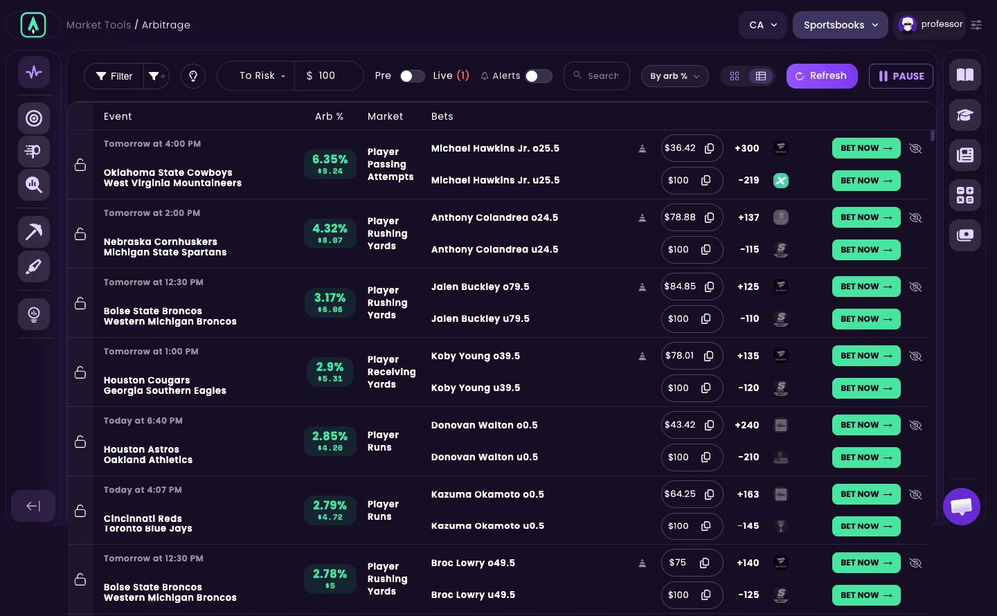 Sharp App arbitrage board with college football and MLB rows