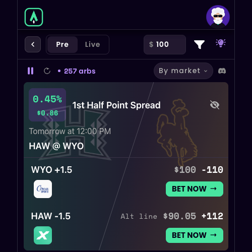 Sharp App arbitrage card view — both legs and sportsbooks on each card