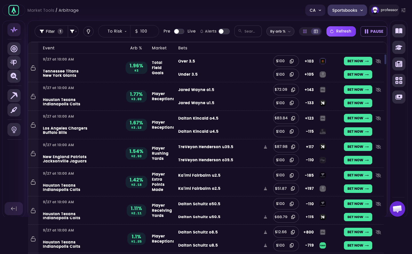 Sharp App arbitrage table view sorted by arb percentage