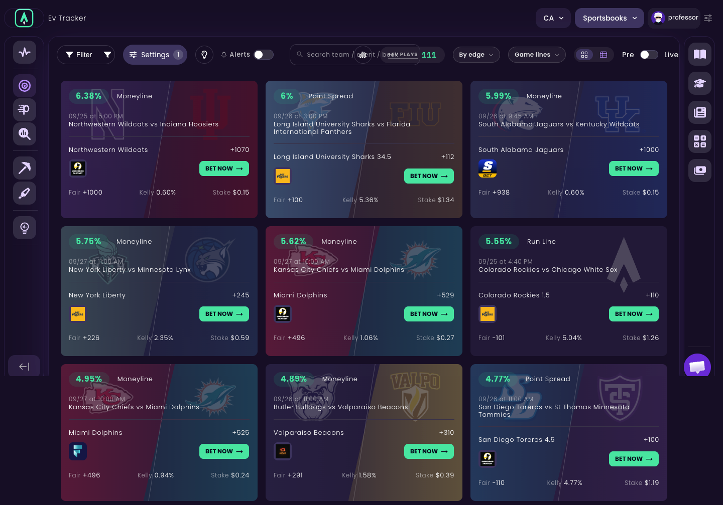 Sharp App EV Tracker card view of game lines ranked by edge