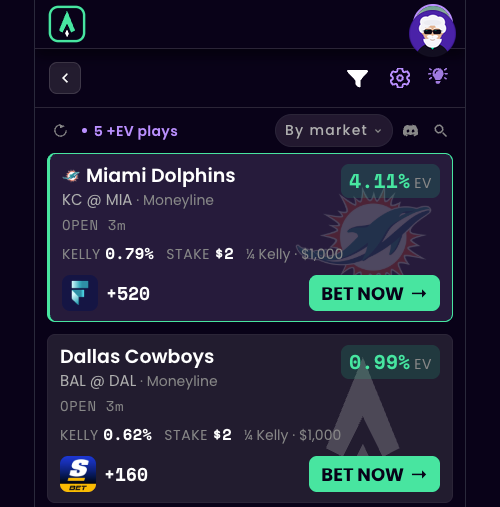 Sharp App EV Tracker card view of game lines ranked by edge